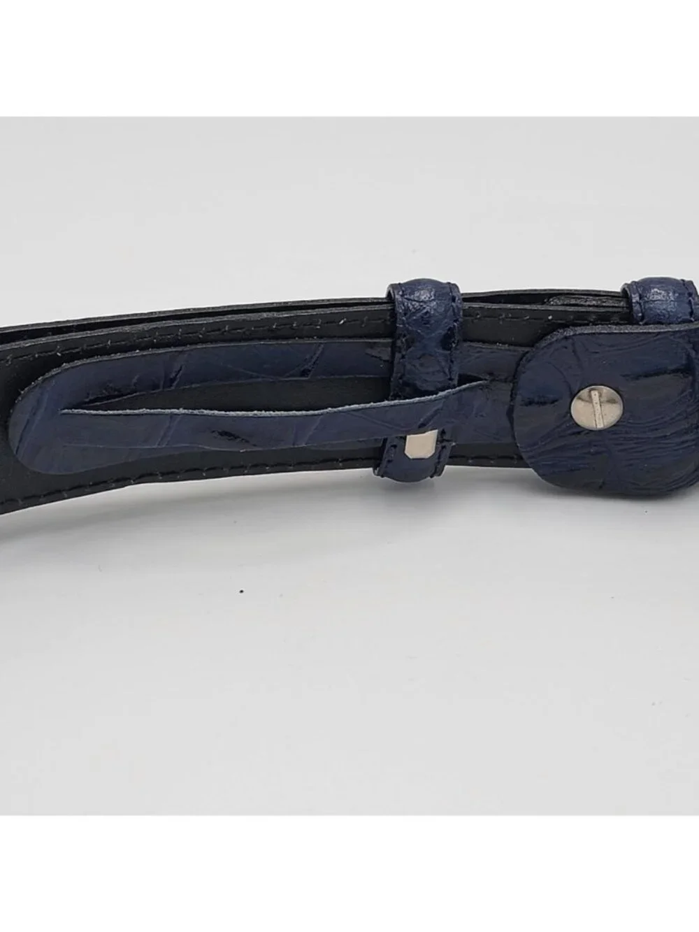 Vtg Giorgio Brutini Genuine Navy Blue Leather Belt With Embossed Texture & Silve